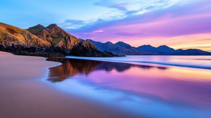Quiet beach with smooth waves and beautiful pastel-toned sky, perfect for meditation visuals