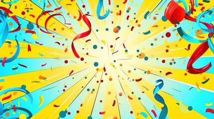 Festive yellow celebration background with confetti, ribbons, and radiant starburst design