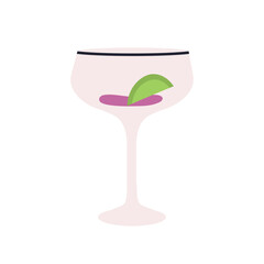 Drink garnish in glass. Alcohol cocktail, bar beverage with lime wedge, fruit syrup. Festive party vessel with stem, stemware, glassware. Flat vector illustration isolated on white background