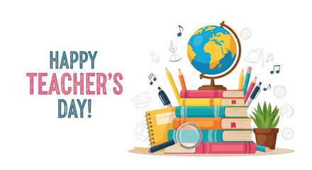 Happy teachers day message with stack of books, globe, magnifying glass, and stationery, isolated on transparent background