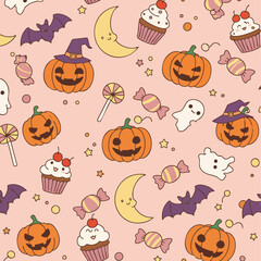 A spooky seamless pattern of orange pumpkin jack-o'-lantern vector icons with a scary smile for a Halloween holiday celebration design in October