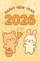 Fototapeta premium Yellow Cartoon New Year Card: Bear and Rabbit celebrate 2026 in a cute, whimsical style. Perfect for posters, greeting cards, and social media designs.