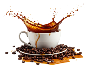 Coffee splash erupts from a white cup on a bed of beans, black background