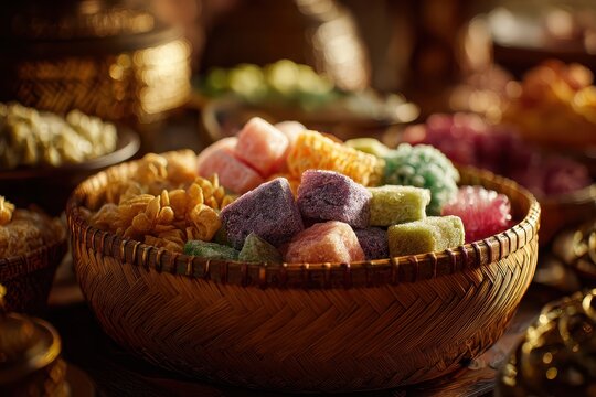 Colorful Thai Sweets in Woven Basket - A Culinary Delight. - Powered by Adobe