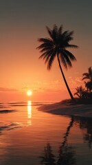 A vertical shot of a seaside sunset glow with a single palm tree, a tropical and serene scene.