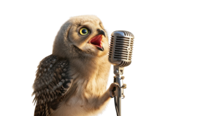 Cute owlet singing into a vintage microphone isolated PNG with Transparent Background