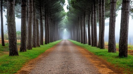 Scenic forest path surrounded by misty pine trees in soft morning light, perfect for nature lovers