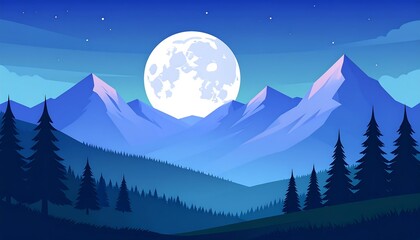 Night mountain landscape with full moon
