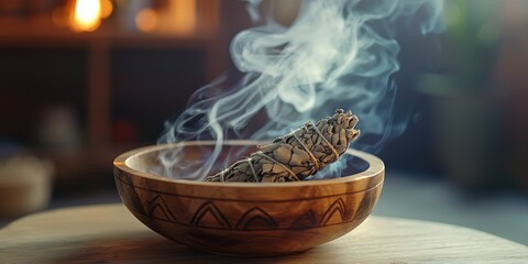 A wooden bowl with a burning sage stick emitting smoke, placed on a wooden table with a blurred background.