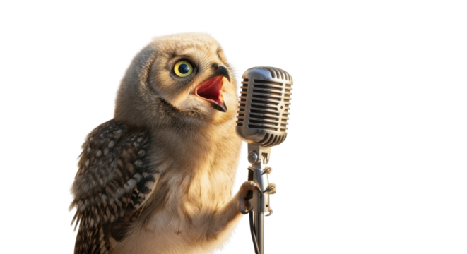 Cute owlet singing into a vintage microphone isolated PNG with Transparent Background