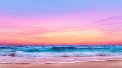Serene beach landscape with calm ocean waves and pastel sunset sky, perfect for relaxation and meditation