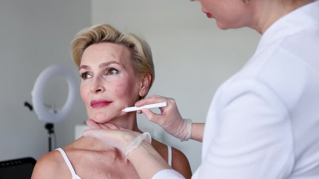 Closeup of mature woman with face contour lines during anti-aging consultation at beauty clinic. Dermatologist preparing for cosmetic facelift procedure. Skincare, rejuvenation and aesthetic treatment