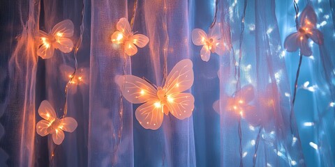 A string of fairy lights with butterfly decorations hanging from a blue curtain.