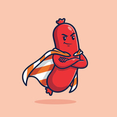 Cartoon sausage superhero with cape and arms crossed.