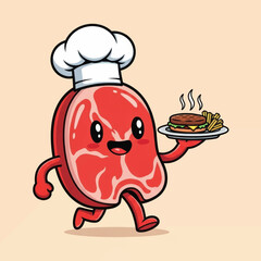 Cute cartoon steak character wearing chef hat, holding plate with burger and fries.