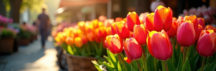 Obraz premium Sunlit tulip display, overflowing baskets, spring market , springtime, red, pink