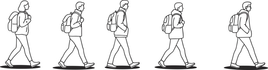PrintWalking sequence illustration, human motion study, backpack traveler silhouette, step by step movement, biomechanics concept, animation reference, black white drawing, progression