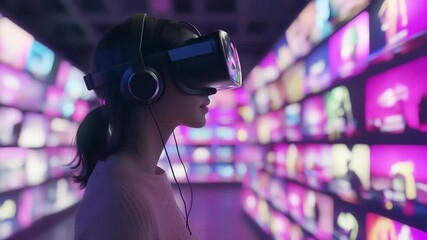 Immersive virtual reality experience with a modern woman in a digital world scenario - Powered by Adobe