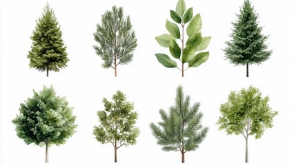 Set of different green tree vector illustrations isolated on white background, minimal and fresh