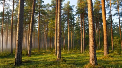 Serene pine forest at dawn with mist rolling through trees, perfect for nature and travel backdrops