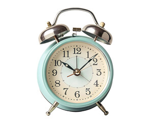 Vintage Style Alarm Clock with Light Blue Casing and Silver Bells on a Black Background