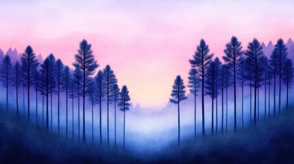 Serene pine forest at dawn with mist rolling through trees, perfect for nature and travel backdrops