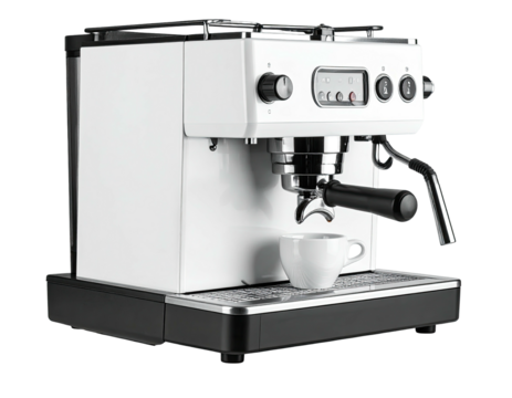 Modern white espresso machine with controls, portafilter, and coffee cup