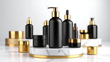 Elegant Black and Gold Cosmetic Packaging on Marble Display.