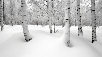Silent white birch forest under heavy snowfall, crisp white snow blanketing the forest floor