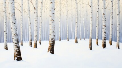 Silent white birch forest under heavy snowfall, crisp white snow blanketing the forest floor