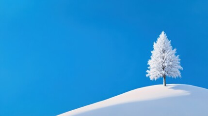 Single frost-covered tree standing on a snowy hill beneath a crystal-clear blue sky