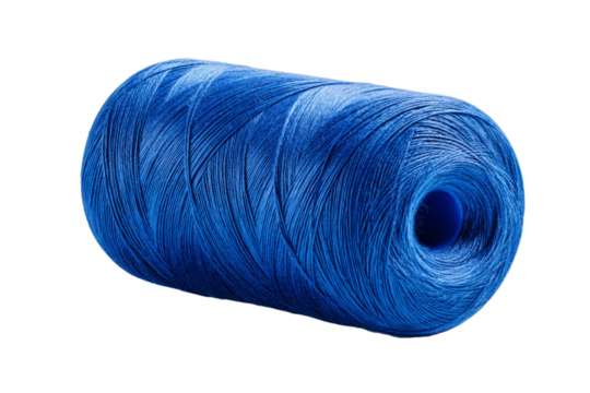 A blue string is rolled up on a white background