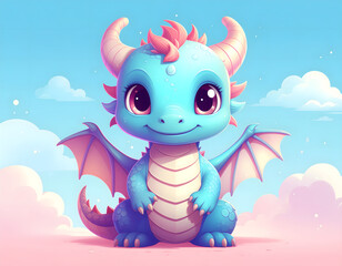 Obraz premium Cute Blue Dragon Cartoon With Wings Sitting In A Dreamy Cloudy Sky Scene