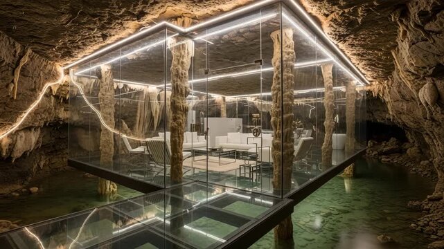 Luxury modern glass house built inside a natural cave, unique architecture with stalactites and underground water, elegant interior, innovative design, futuristic living space