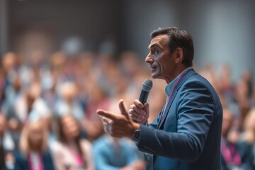 Caucasian male speaker in blue suit presenting to diverse audience at conference