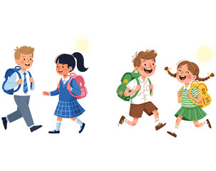 Happy school children walking and running, students with backpacks, childhood education, friendship, learning journey, cheerful kids
