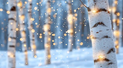 Snow falling gently around slender birch trees in a quiet forest, soft light filtering through