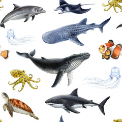 Australia sea life animals on white background seamless pattern element. Hand drawn great white shark, whale shark, humpback whale, green turtle manta ray watercolor vintage style illustration