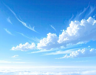 Anime-style blue sky with puffy white clouds and wispy cirrus streaks