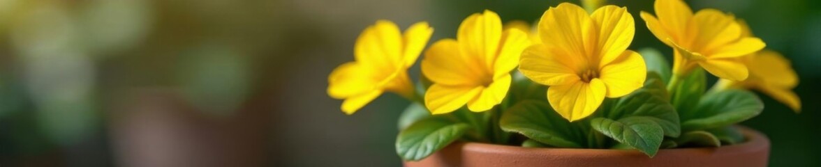 Fototapeta premium Vibrant yellow primrose blooms in terracotta pot , plant, terracotta