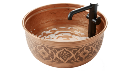 Decorative Copper Wash Basin with Black Faucet and Water Inside in Artistic Style