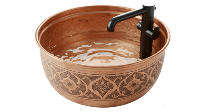 Decorative Copper Wash Basin with Black Faucet and Water Inside in Artistic Style