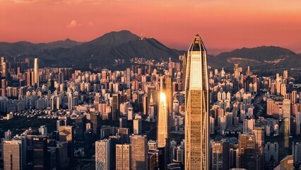 Shenzhen Skyline at Golden Hour Sunset with Mountains and Modern Skyscrapers China