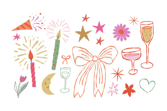 Vector set of hand drawn illustrations, quirky doodle elements for christmas banners and invitations,  birthday party cards, prints