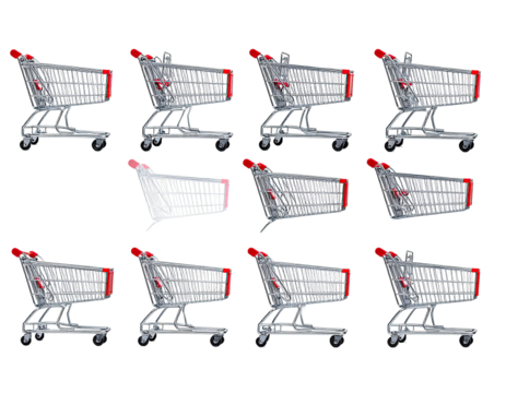 A dozen metal shopping carts, one translucent, arranged against a stark black backdrop
