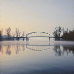 Fototapeta premium Painting, image, small bridge, on the Scandinavian archipelago, birch trees, soft lighting.