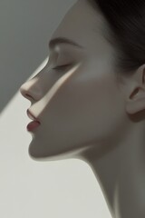 A woman with a very pale face and a very dark hair. She is wearing a red lipstick