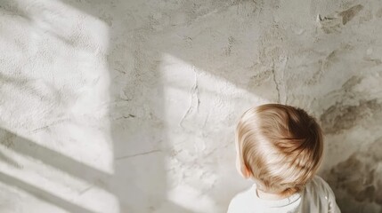 A baby is looking at the camera with a curious expression. The room is plain and white, with a window in the background. The baby's head is the main focus of the image