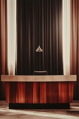 A wooden desk with a lamp on top of it. The lamp is turned off. The room is dimly lit