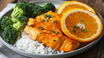 Orange Glazed Salmon Fillet Presentation on a Plate with Fresh Herbs and Lemon Slices
